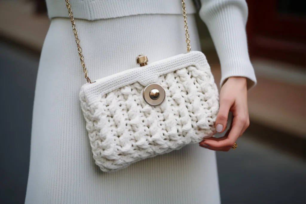 Bolsa de crochê branca, um acessório artesanal e elegante, com detalhes em pontos intricados e fechamento dourado.