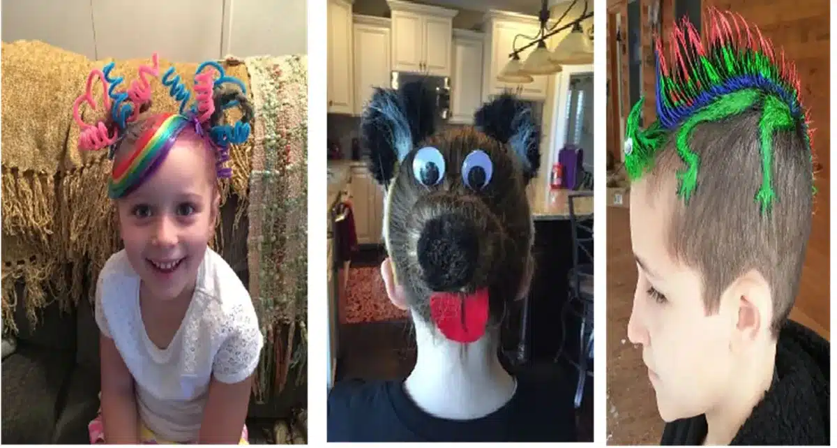 Cabelos malucos com estilos criativos: cachos coloridos, penteado de cachorro e lagarto no cabelo