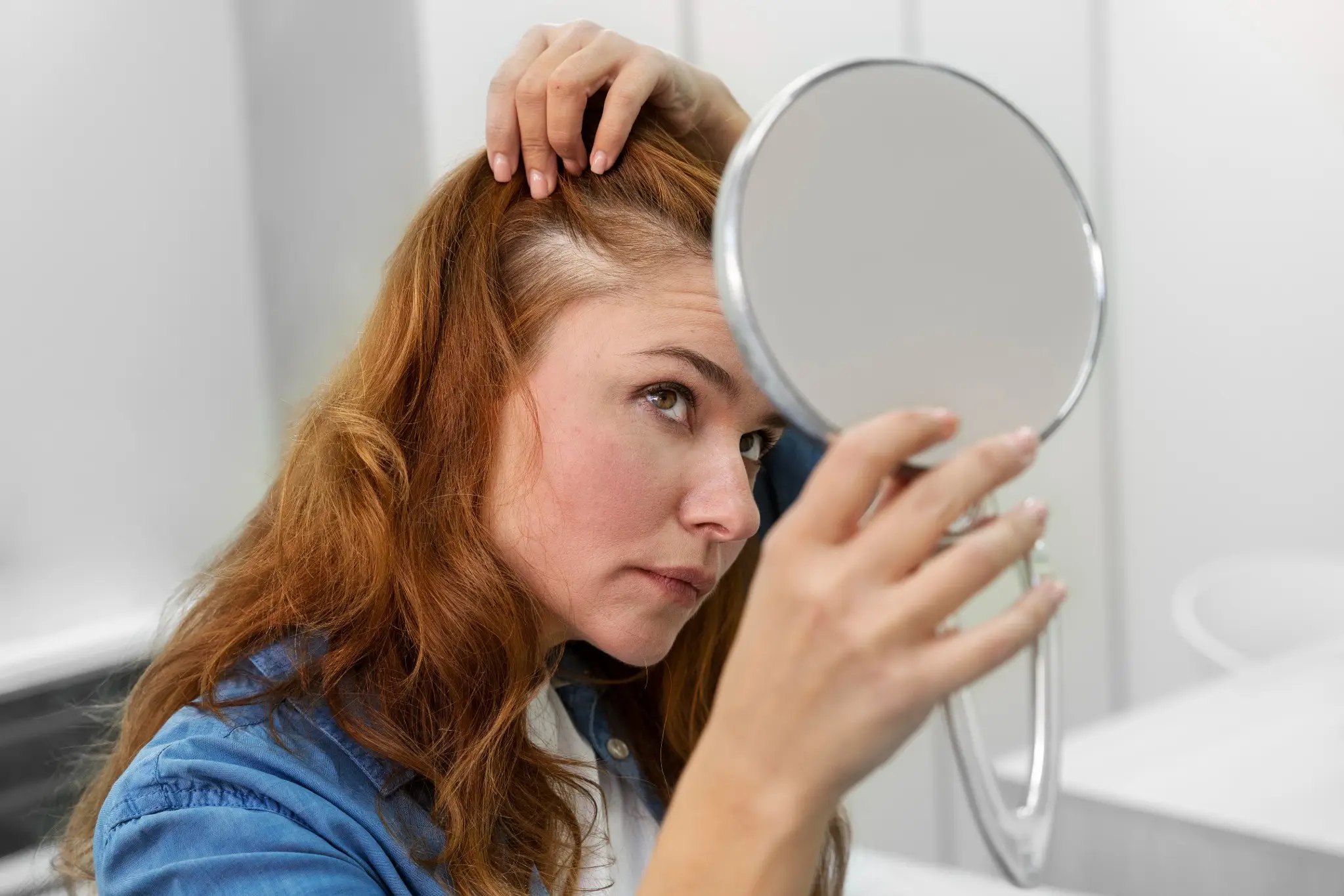 Mulher observando os cabelos com a ajuda de um espelho, analisando os fios brancos e buscando alternativas para tratá-los.