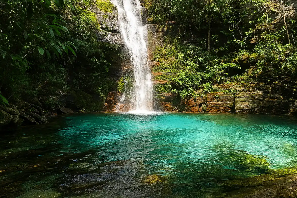 Imagem de uma cachoeira de águas cristalinas em meio à vegetação exuberante da Bahia, com uma queda d'água impressionante.