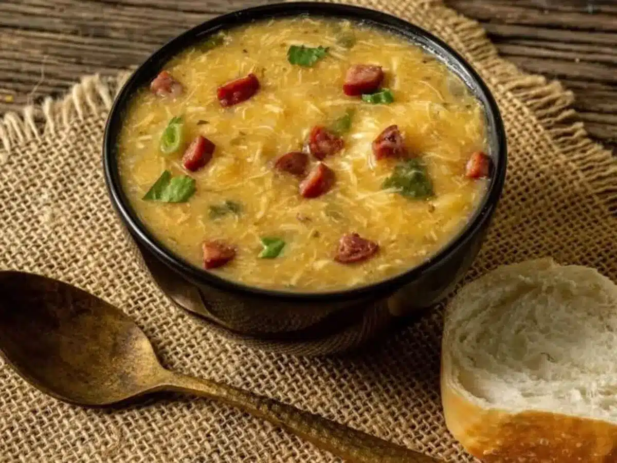 Caldo cremoso de frango com linguiça servido com pão