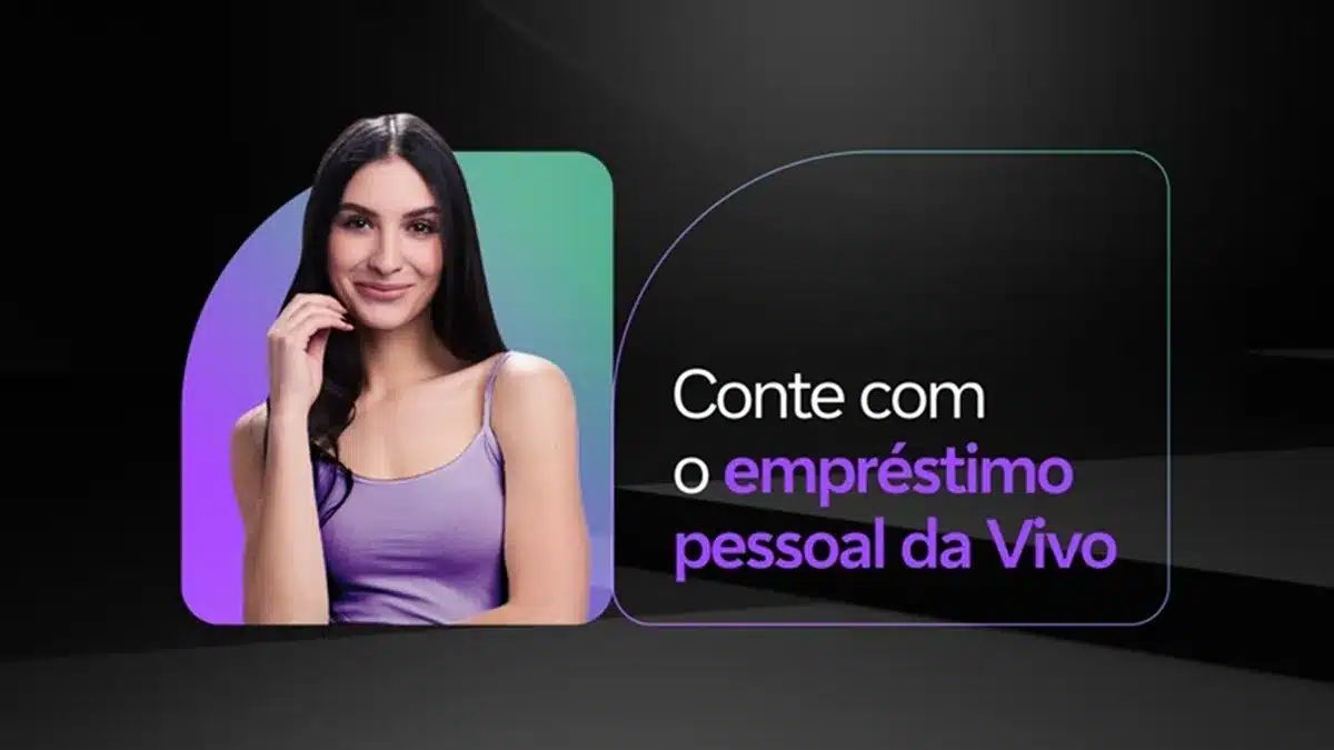 Imagem ilustrativa do empréstimo pessoal da Vivo, com uma mulher sorrindo e o texto 'Conte com o empréstimo pessoal da Vivo