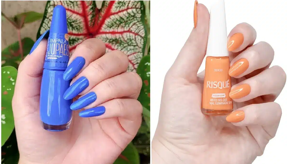 Imagem de duas mãos exibindo esmaltes de cores vibrantes, um azul e outro laranja, representando tendências de cores de esmalte