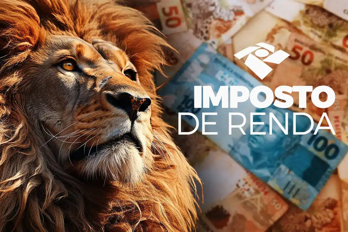 Leão representando o Imposto de Renda 2025 com cédulas de real ao fundo