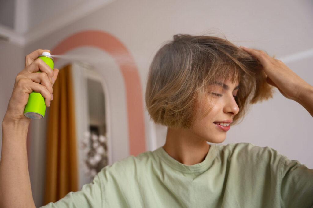 Mulher aplicando shampoo a seco no cabelo para disfarçar a oleosidade, com frasco verde na mão.