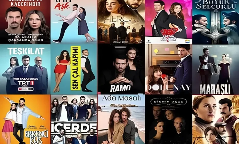 Montagem de pôsteres das melhores séries e novelas turcas recomendadas para maratonar