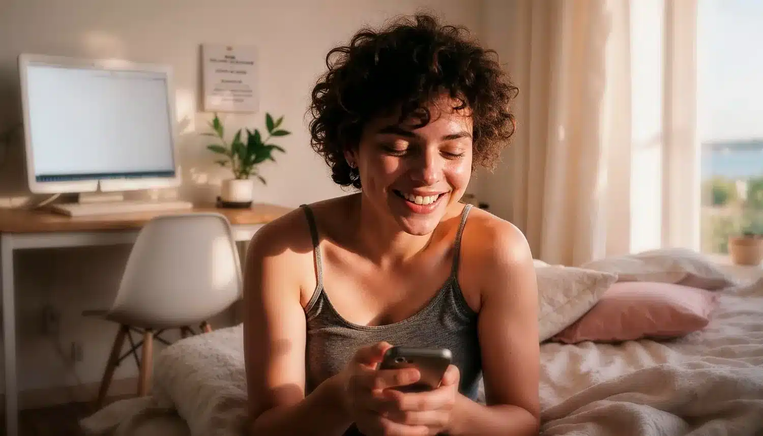 mulher sorridente lendo mensagem no celular ao acordar