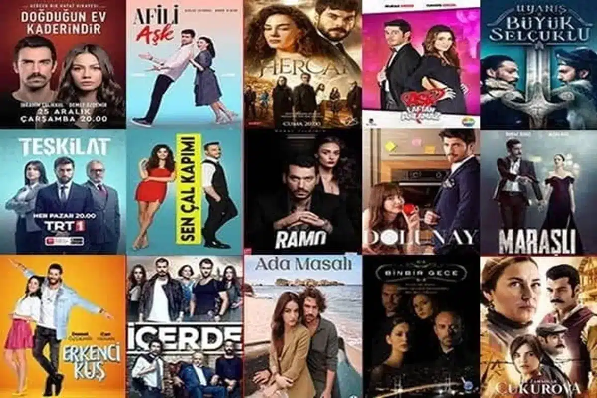 Cartazes das novelas turcas populares, incluindo títulos como 'Doğduğun Ev Kaderindir', 'Afili Aşk', 'Hercai', entre outras