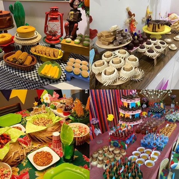 mesas decoradas para festa junina, cada uma com diferentes comidas típicas e estilos regionais.