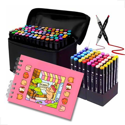 Kit artístico com marcadores coloridos e livro Bobbie Goods para colorir