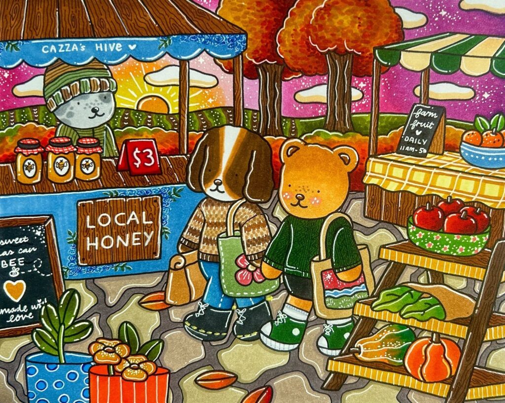 Ilustração colorida de feira com personagens animais em estilo infantil