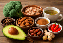 Alimentos saudáveis que aceleram o metabolismo, como abacate, chá verde, pimenta e gengibre.