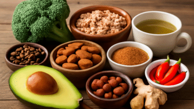 Alimentos saudáveis que aceleram o metabolismo, como abacate, chá verde, pimenta e gengibre.