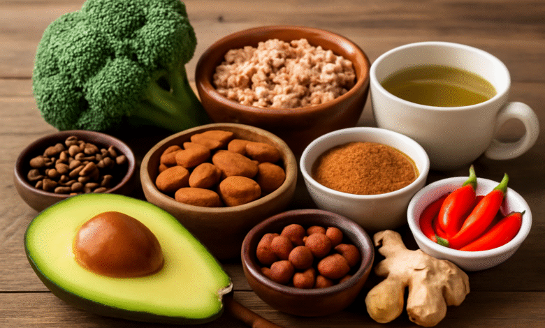 Alimentos saudáveis que aceleram o metabolismo, como abacate, chá verde, pimenta e gengibre.