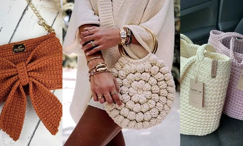 Acessórios de crochê para o Outono, incluindo bolsas, luvas e chapéus, em tons suaves e estilos modernos