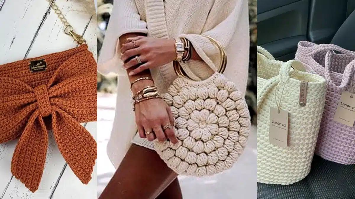 Acessórios de crochê para o Outono, incluindo bolsas, luvas e chapéus, em tons suaves e estilos modernos
