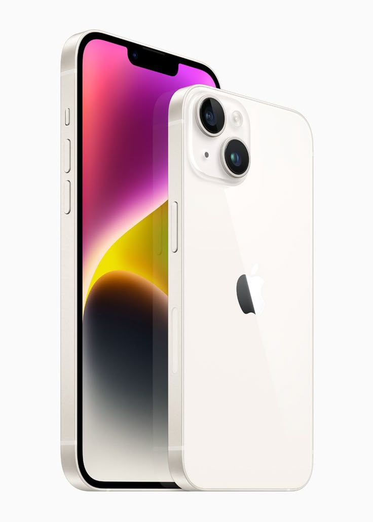 Smartphone Apple iPhone 14 branco mostrando frente e traseira com câmera dupla e tela colorida.