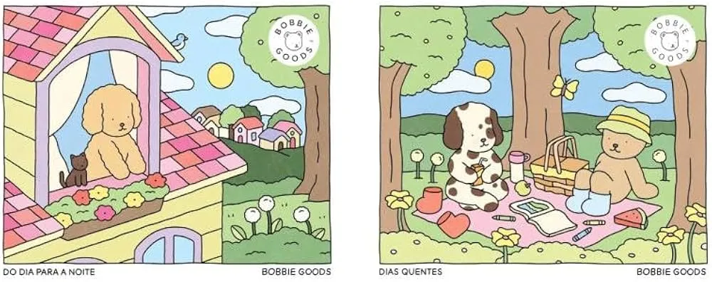 Ilustração de um cão e um ursinho aproveitando um dia quente, com um cenário alegre e colorido da marca Bobbie Goods