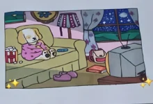 Bobbie Goods assistindo TV com efeito de tela ligada, em um sofá, com pipoca e ambiente aconchegante
