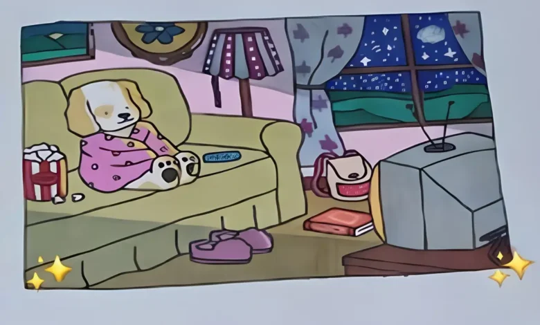 Bobbie Goods assistindo TV com efeito de tela ligada, em um sofá, com pipoca e ambiente aconchegante