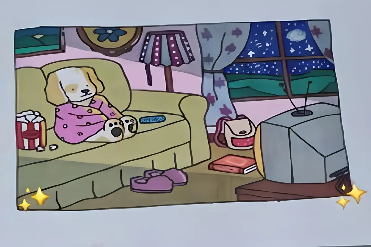 Bobbie Goods assistindo TV com efeito de tela ligada, em um sofá, com pipoca e ambiente aconchegante