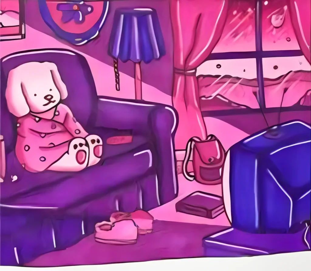 Bobbie Goods relaxando no sofá com um ambiente iluminado por uma TV ligada, criando uma atmosfera acolhedora e colorida