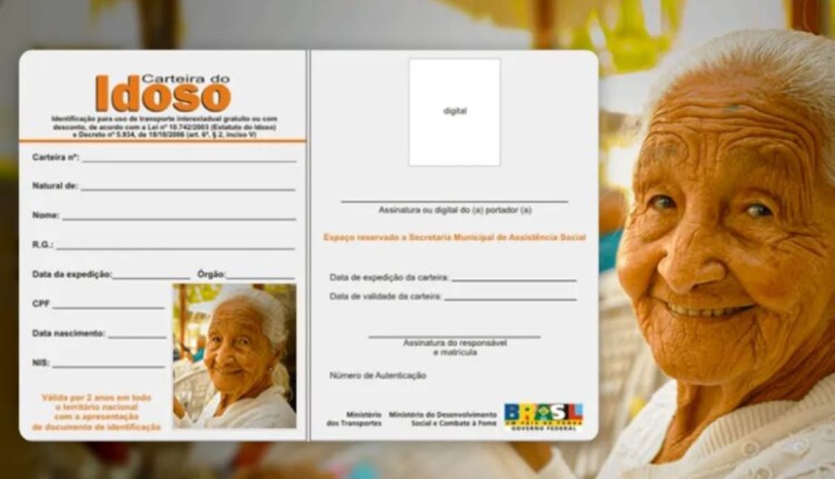 Imagem da Carteira do Idoso com dados pessoais em branco e foto de idosa sorridente ao lado