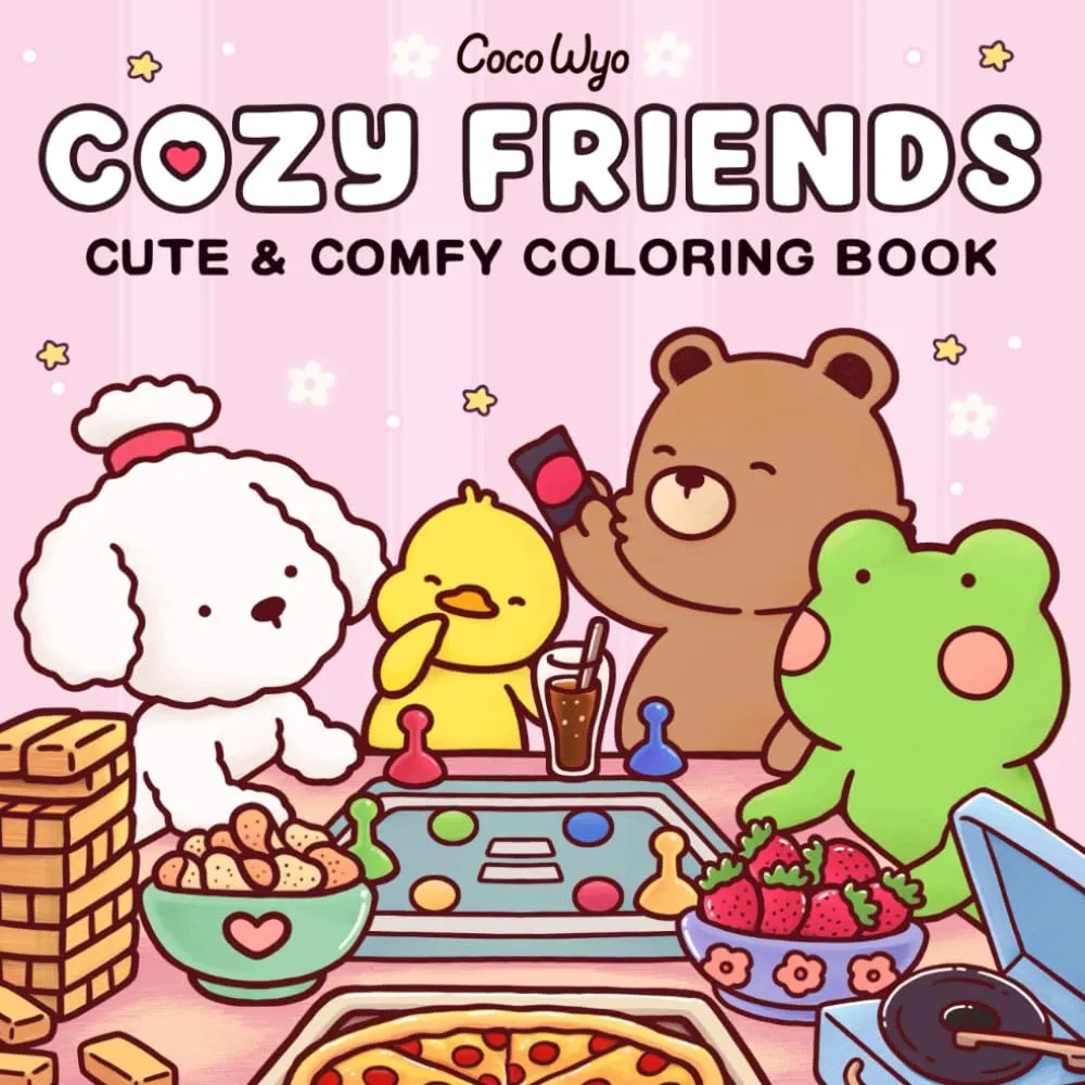 Personagens fofos de Cozy Friends jogando, com petiscos e pizza em um cenário acolhedor e divertido