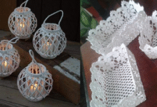Lanternas rústicas e cestinhas feitas com crochê endurecido para decoração charmosa
