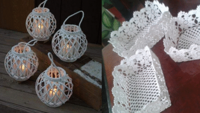 Lanternas rústicas e cestinhas feitas com crochê endurecido para decoração charmosa
