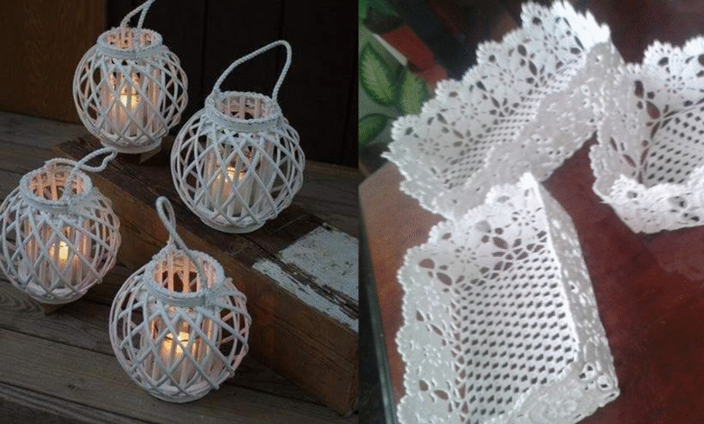 Lanternas rĂșsticas e cestinhas feitas com crochĂȘ endurecido para decoração charmosa