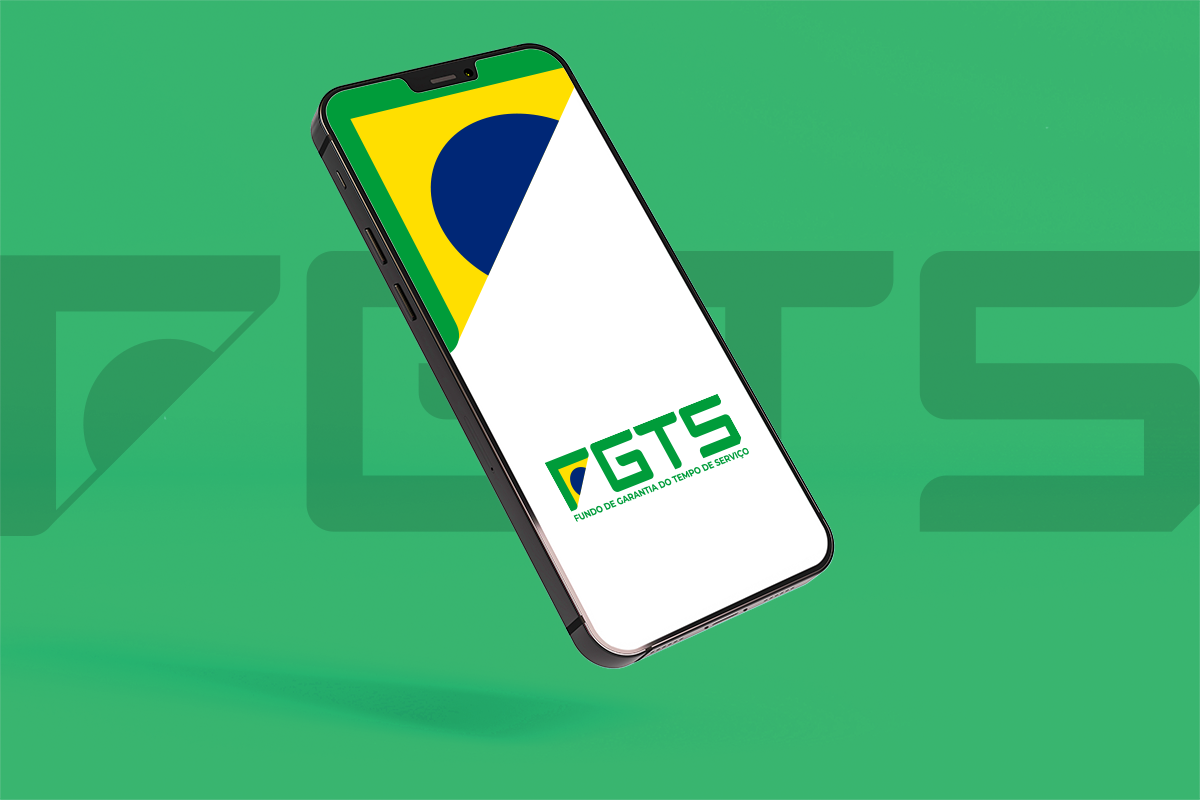 Celular exibindo o logo do FGTS com a bandeira do Brasil ao fundo verde