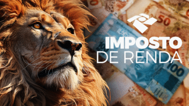 Leão imponente sobre cédulas brasileiras ilustrando o tema de malha fina do Imposto de Renda para idosos