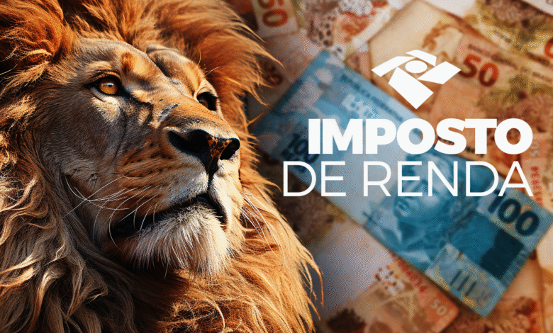 Leão imponente sobre cédulas brasileiras ilustrando o tema de malha fina do Imposto de Renda para idosos