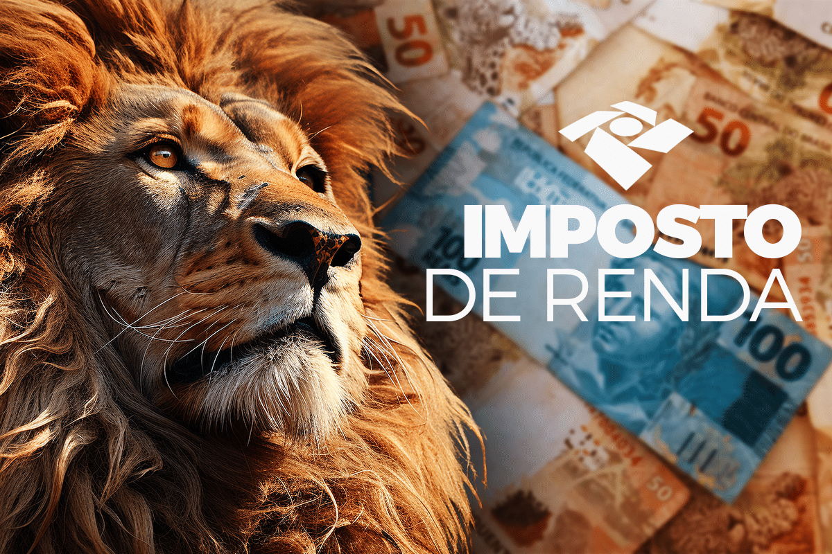 Leão imponente sobre cédulas brasileiras ilustrando o tema de malha fina do Imposto de Renda para idosos