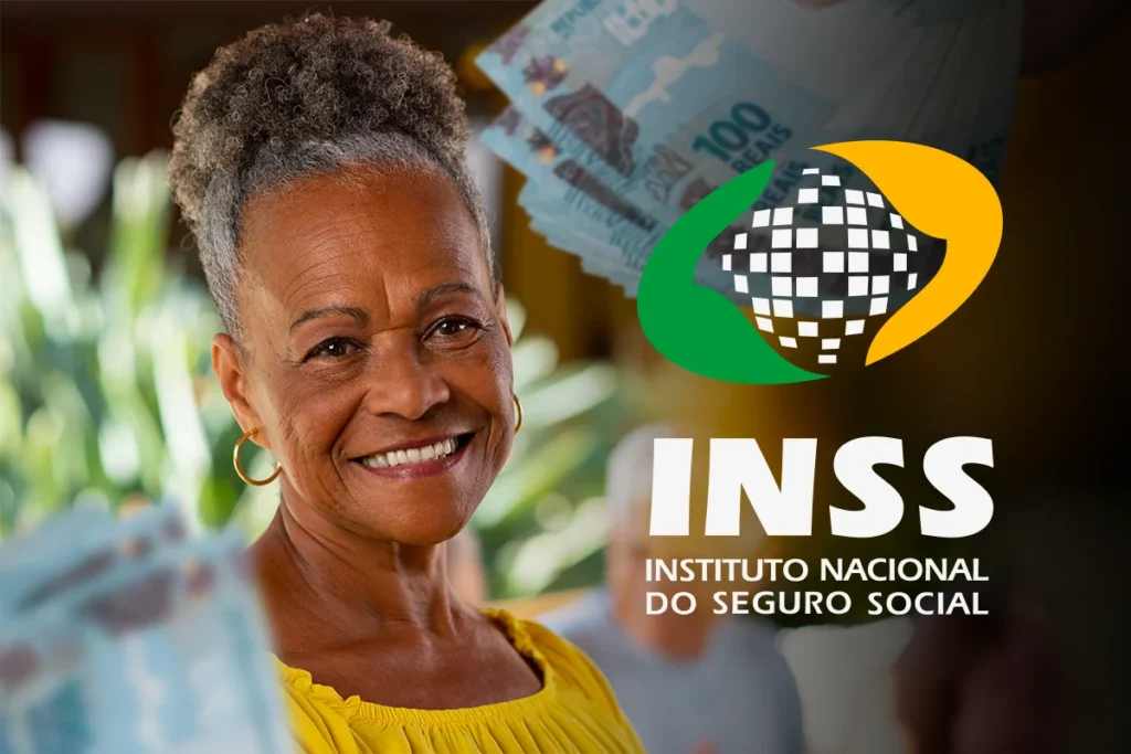 Mulher sorridente segurando notas de 100 reais, com o logo do INSS em destaque, representando o conhecimento sobre a previdência