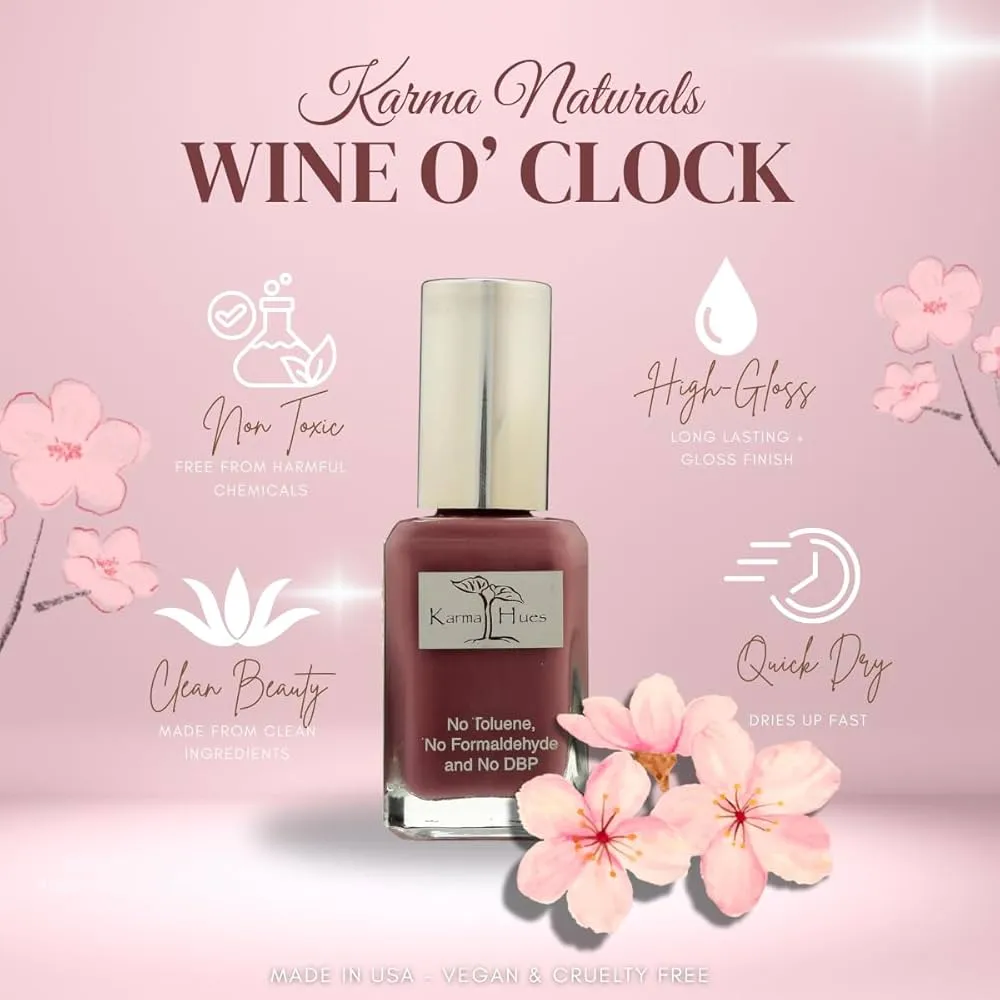 Esmalte vegano Karma Hues Wine O'Clock, livre de substâncias tóxicas, com acabamento brilhante e secagem rápida