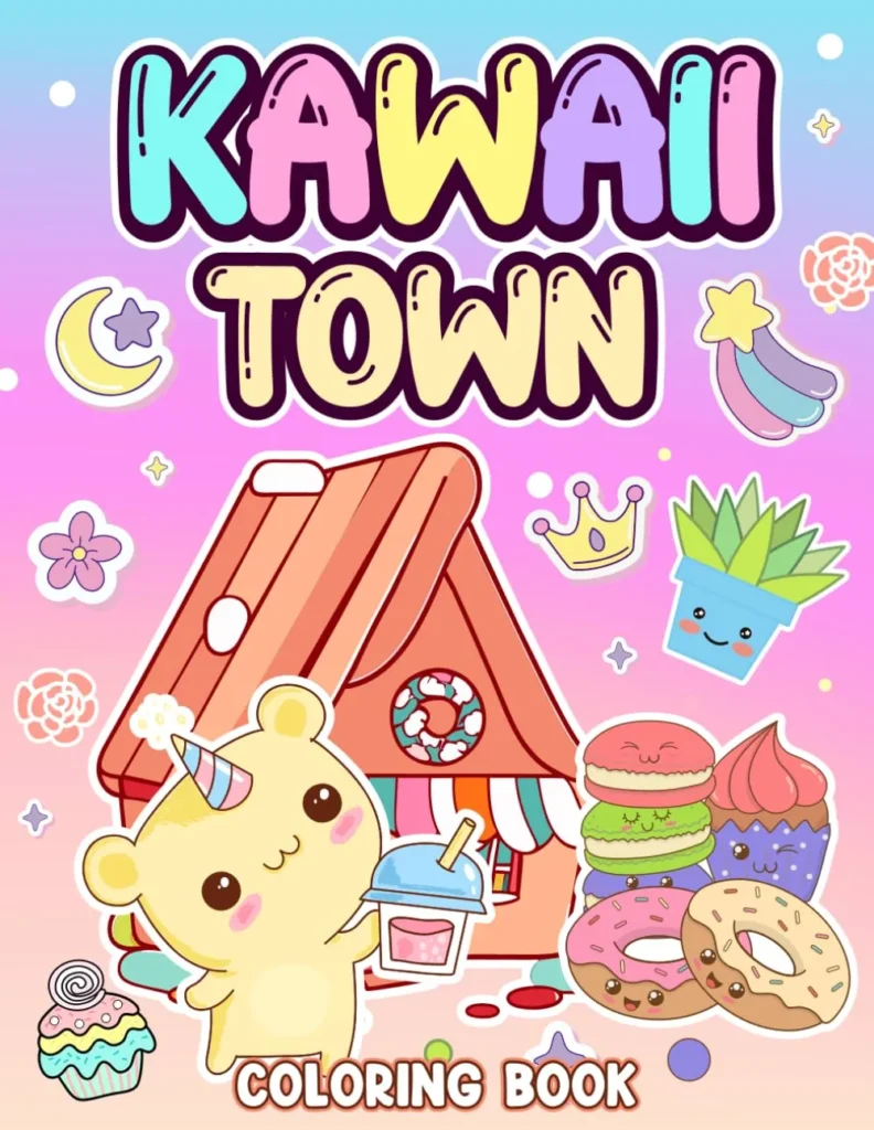 Capa do livro infantil Kawaii Coloring Book com desenhos fofos e coloridos de ursinho, doces e plantas