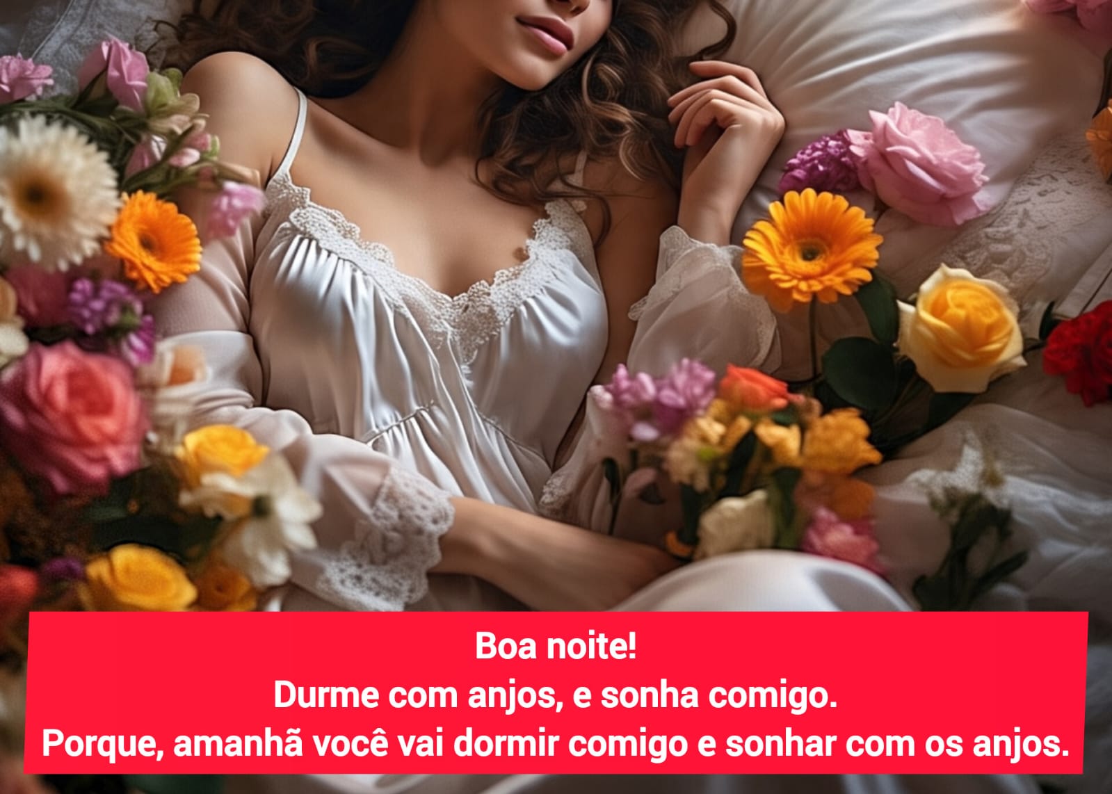 Boa noite com flores e serenidade Mulher deitada em uma cama rodeada por flores coloridas, vestindo um delicado vestido branco de seda, transmitindo uma sensação de paz e serenidade.