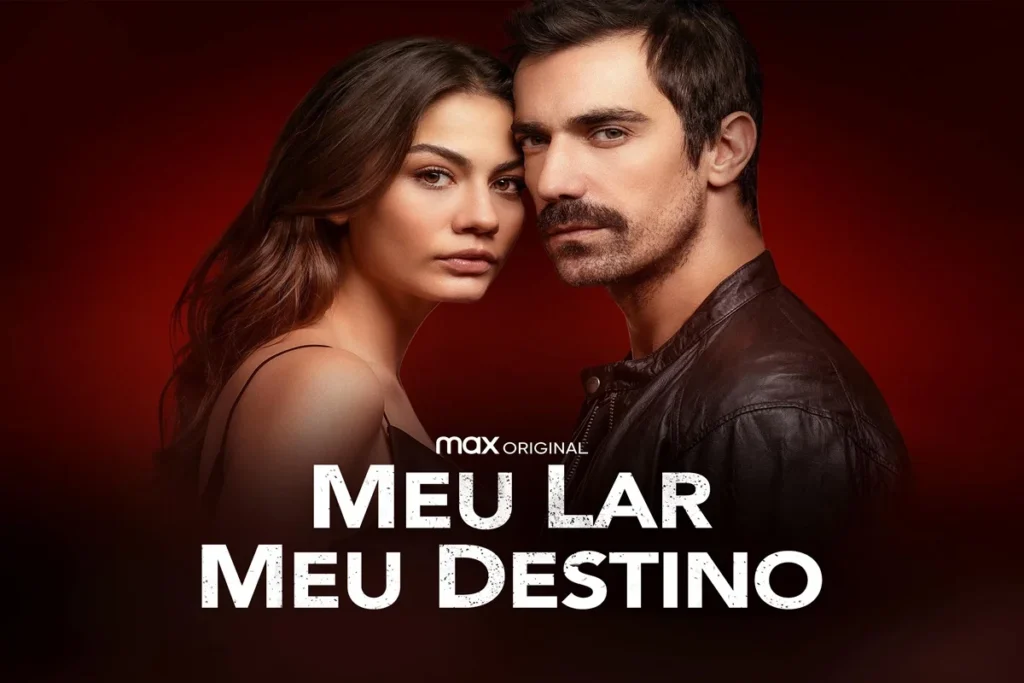 Cartaz da novela turca 'Meu Lar, Meu Destino', mostrando os protagonistas com fundo vermelho