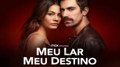 Cartaz da novela turca 'Meu Lar, Meu Destino', mostrando os protagonistas com fundo vermelho