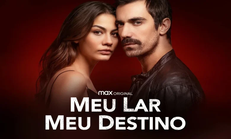 Cartaz da novela turca 'Meu Lar, Meu Destino', mostrando os protagonistas com fundo vermelho