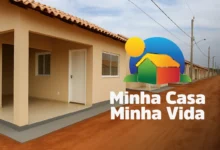 Imagem do programa Minha Casa, Minha Vida, mostrando casas em construção com o logotipo do programa ao centro