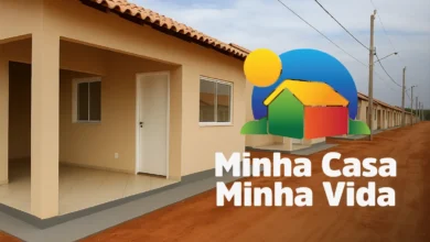 Imagem do programa Minha Casa, Minha Vida, mostrando casas em construção com o logotipo do programa ao centro