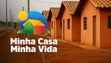 Imagem ilustrativa do programa Minha Casa, Minha Vida com casas construídas e o logo do programa.