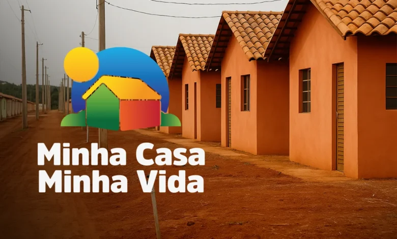Imagem ilustrativa do programa Minha Casa, Minha Vida com casas construídas e o logo do programa.