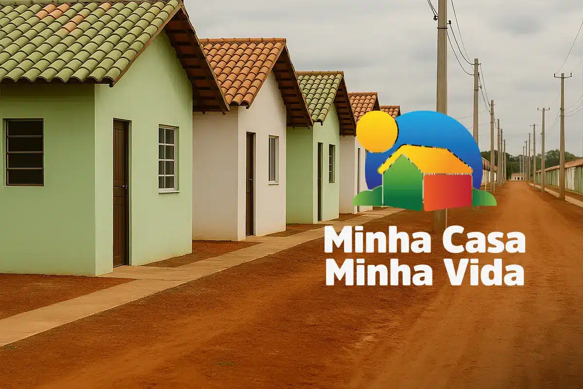 Imagem ilustrativa de moradias do programa Minha Casa, Minha Vida, com casas simples e o logo do programa ao centro, representando a Faixa 4 de financiamento.