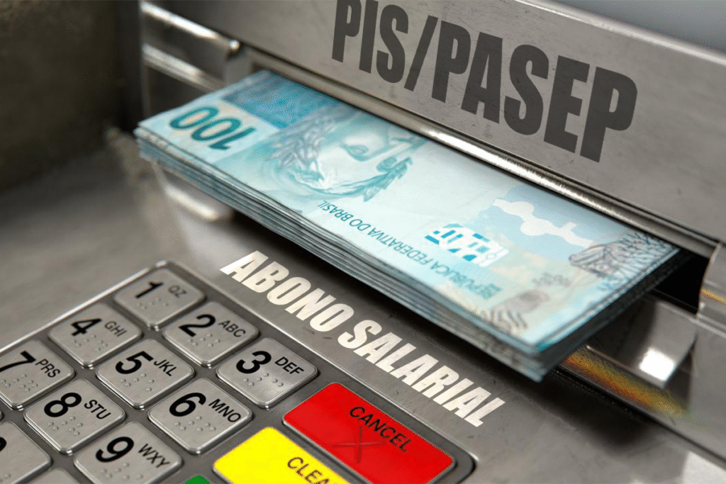 Teclado de caixa eletrônico com dinheiro saindo e texto PIS/PASEP e Abono Salarial