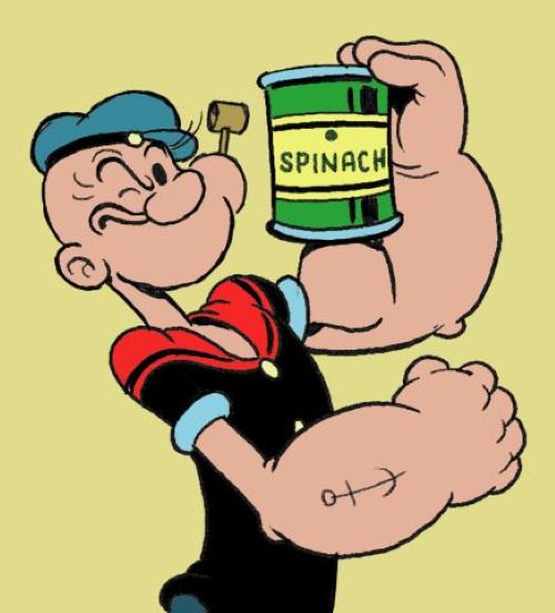 Popeye, o marinheiro, exibe seus músculos após consumir espinafre, seu alimento poderoso.