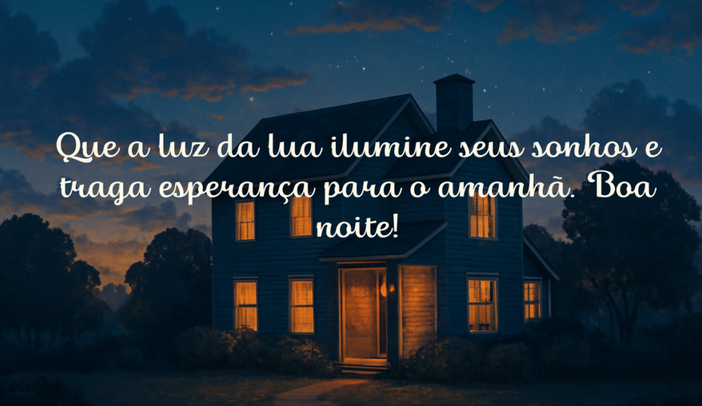 Ilustração noturna com uma casa iluminada transmitindo tranquilidade e aconchego